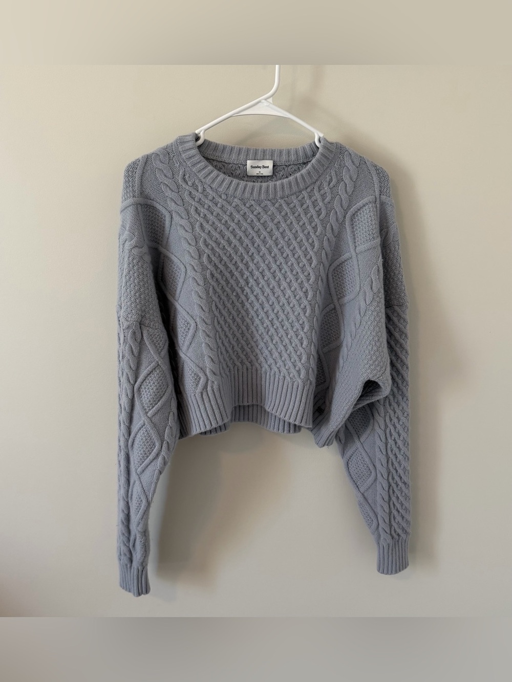 Aritzia Sunday Best Peggy Cropped Cable Knit Sweater Grey Sz Medium Merino Wool